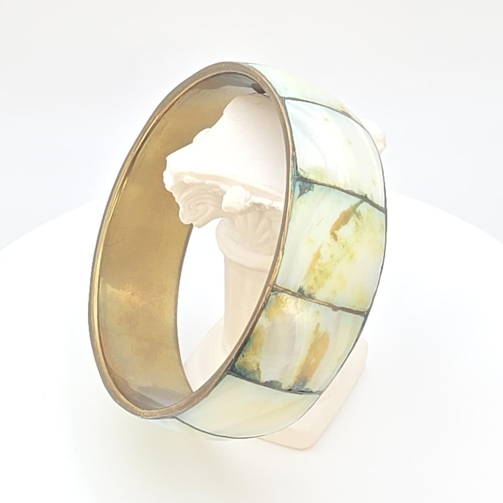 Vintage Mother Of Pearl Inlay Bracelet Wide Brass Bangle 8.5" FREE‎ $HIPPING!! - Picture 11 of 16